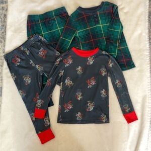 Tahari Kids 2-Pack Pajama Set - Green Plaid & Navy Character Print with Red Trim